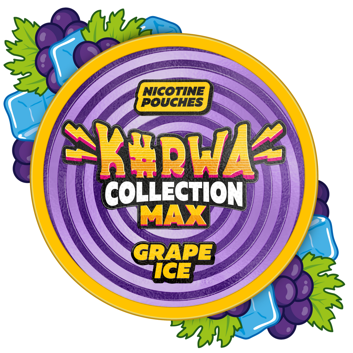 Kurwa Collection Max Grape Ice Nicotine Pouches can lid featuring purple swirl design with grapes and ice cubes.