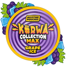 Kurwa Collection Max Grape Ice Nicotine Pouches can lid featuring purple swirl design with grapes and ice cubes.