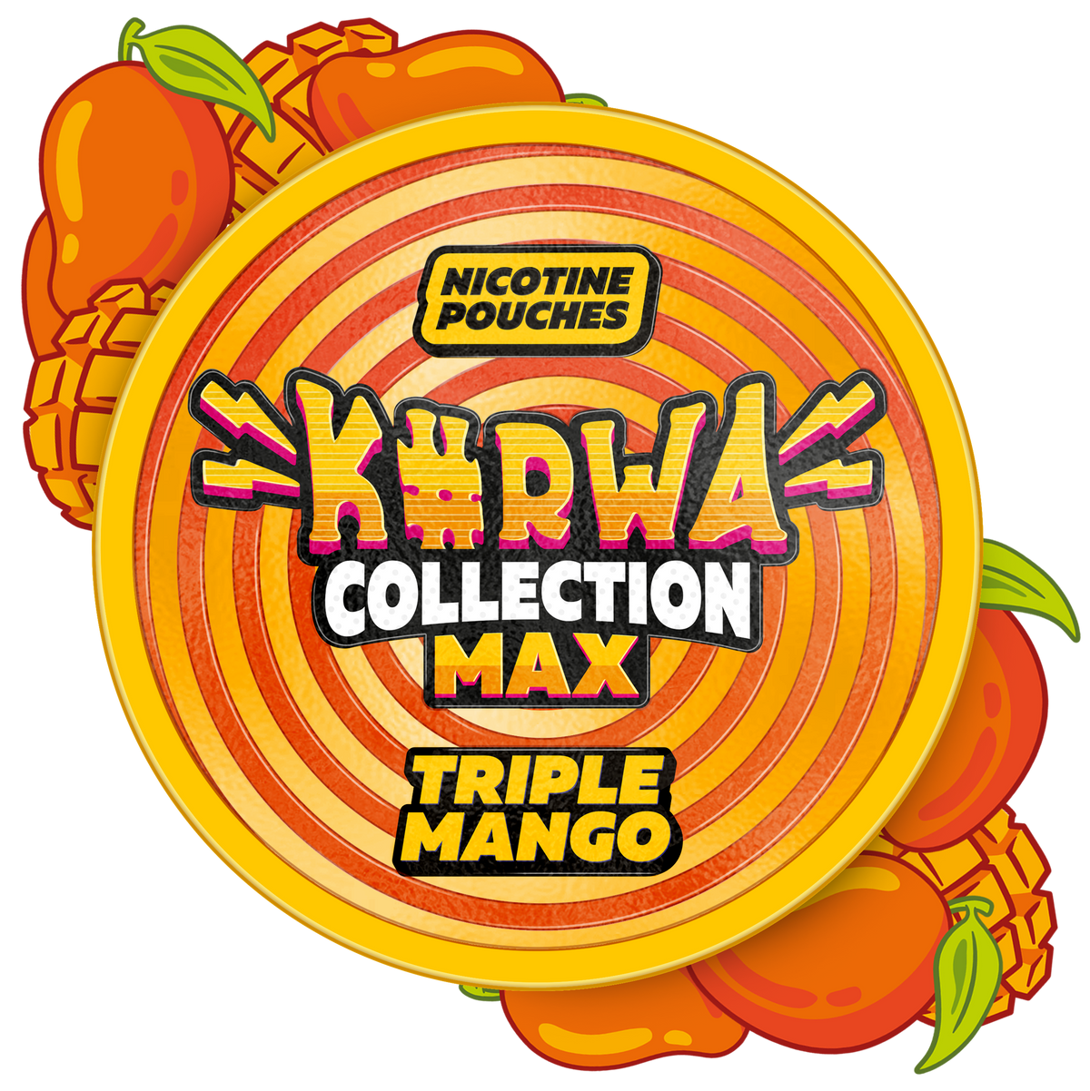 KURWA Collection Max Triple Mango Nicotine Pouches can with vibrant yellow and orange spiral design and mango graphics.