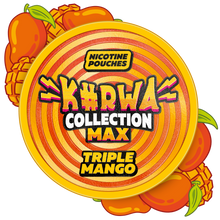 KURWA Collection Max Triple Mango Nicotine Pouches can with vibrant yellow and orange spiral design and mango graphics.