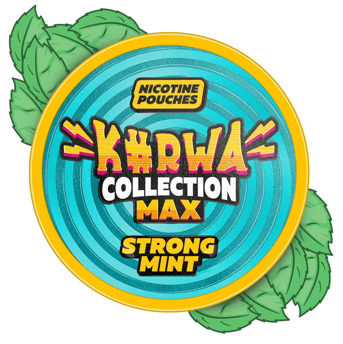 Kurwa Collection Max Strong Mint nicotine pouches can with teal spiral design and green mint leaves background.