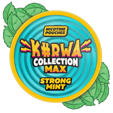 Kurwa Collection Max Strong Mint nicotine pouches can with teal spiral design and green mint leaves background.