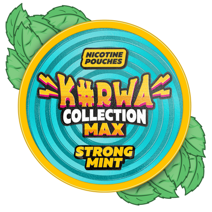 Kurwa Collection Max Strong Mint nicotine pouches can with teal spiral design and green mint leaves background.