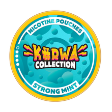 KURWA COLLECTION Strong Mint Nicotine Pouches can lid with blue bubble graphics and yellow branding.