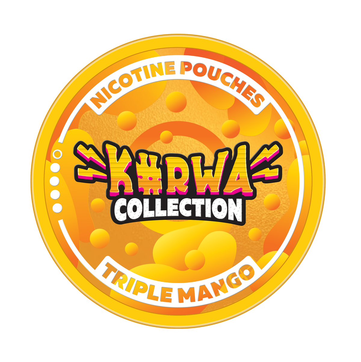 Kurwa Collection Triple Mango Nicotine Pouches, orange tropical label with 12mg strength indicator.