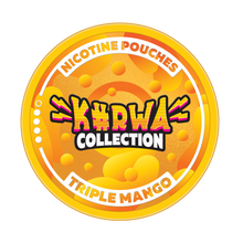 Kurwa Collection Triple Mango Nicotine Pouches, orange tropical label with 12mg strength indicator.