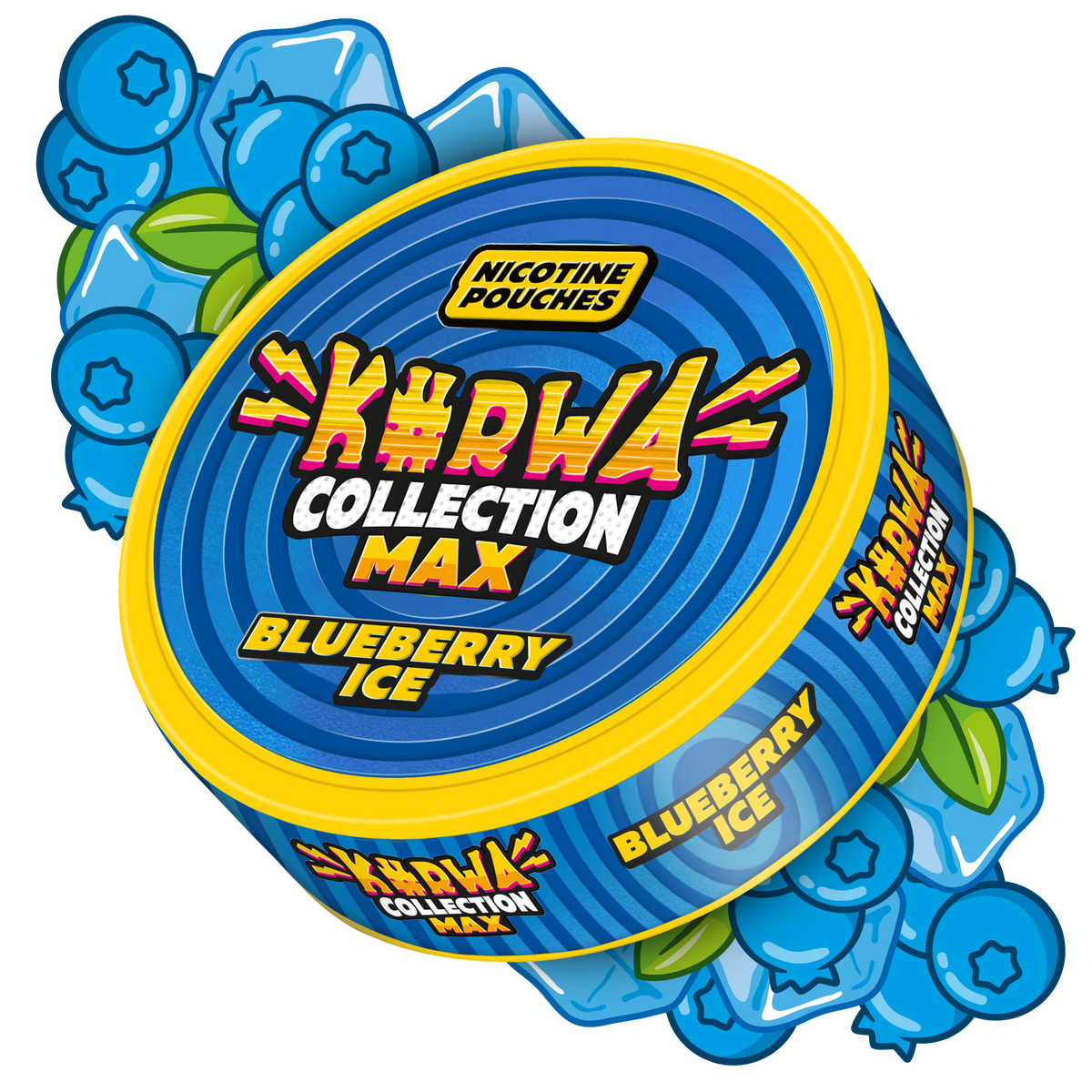 Side view of Kurwa Collection Max Blueberry Ice nicotine pouches can with blueberry and ice cube graphics.