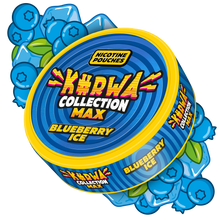 Side view of Kurwa Collection Max Blueberry Ice nicotine pouches can with blueberry and ice cube graphics.