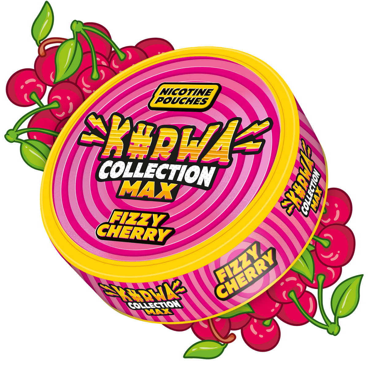 Side view of Kurwa Collection Max Fizzy Cherry Nicotine Pouches can with vibrant pink swirl design and fresh cherry graphics