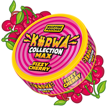 Side view of Kurwa Collection Max Fizzy Cherry Nicotine Pouches can with vibrant pink swirl design and fresh cherry graphics