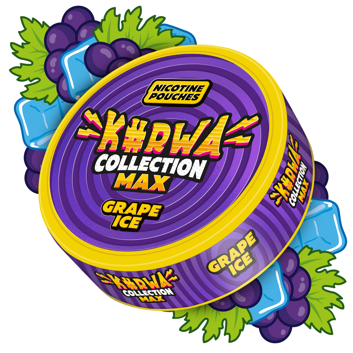 Side view of Kurwa Collection Max Grape Ice extra strong nicotine pouches can with purple grape and ice cube graphics.
