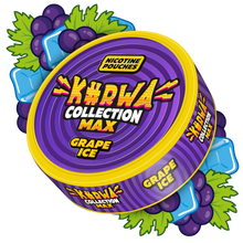 Side view of Kurwa Collection Max Grape Ice extra strong nicotine pouches can with purple grape and ice cube graphics.