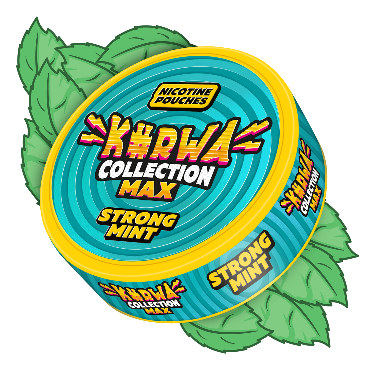 Kurwa Collection Max Strong Mint nicotine pouches can with refreshing mint leaves and bold 43mg strength labeling.