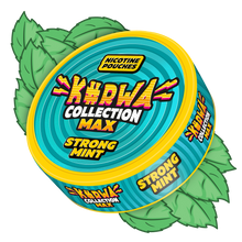 Kurwa Collection Max Strong Mint nicotine pouches can with refreshing mint leaves and bold 43mg strength labeling.