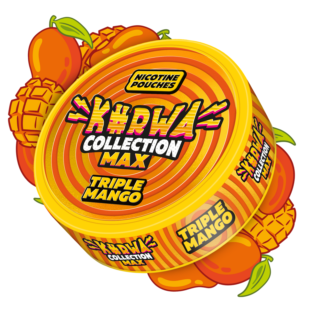 Kurwa Collection Max Triple Mango nicotine pouches in a yellow and orange tin with mango graphics.