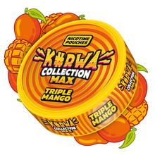 Kurwa Collection Max Triple Mango nicotine pouches in a yellow and orange tin with mango graphics.