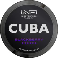 CUBA Black Blackberry strong nicotine pouches can, 43mg extra strong berry flavour snus alternative.
