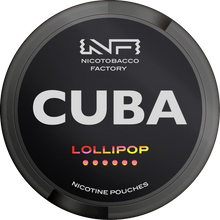 CUBA BLACK Lollipop Nicotine Pouches, tobacco-free slim cans by Nicotobacco Factory, extra strong 43mg candy flavour.
