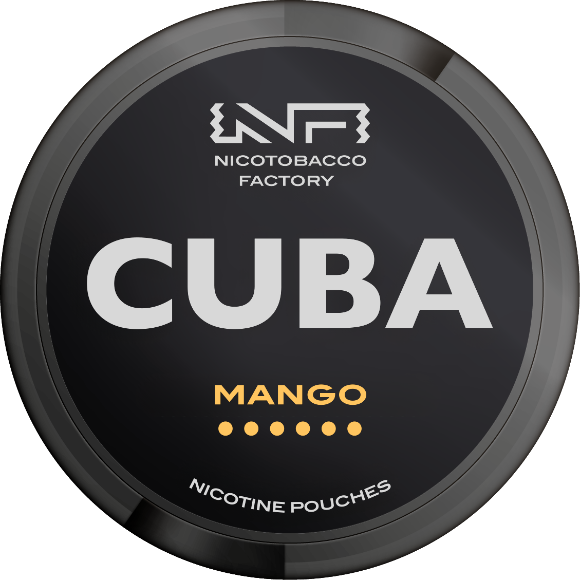 CUBA BLACK Mango Nicotine Pouches, extra strong 43mg slim format by Nicotobacco Factory, black can with tropical branding.