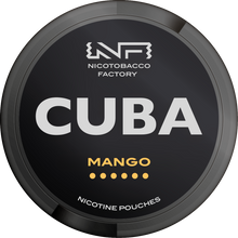 CUBA BLACK Mango Nicotine Pouches, extra strong 43mg slim format by Nicotobacco Factory, black can with tropical branding.