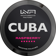 CUBA Black Raspberry Extra Strong Nicotine Pouches can with 43mg strength, featuring pink berry branding on black lid.