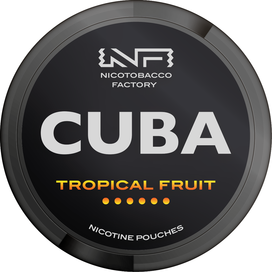 CUBA Black Tropical Fruit Nicotine Pouches can showing the Nicotobacco Factory logo and strength indicator.