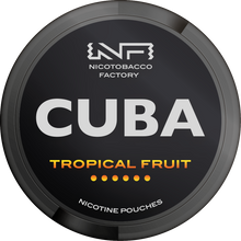 CUBA Black Tropical Fruit Nicotine Pouches can showing the Nicotobacco Factory logo and strength indicator.