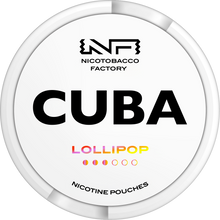 CUBA White Lollipop Nicotine Pouches tin showing brand logo and colourful flavor text on a clean white background.