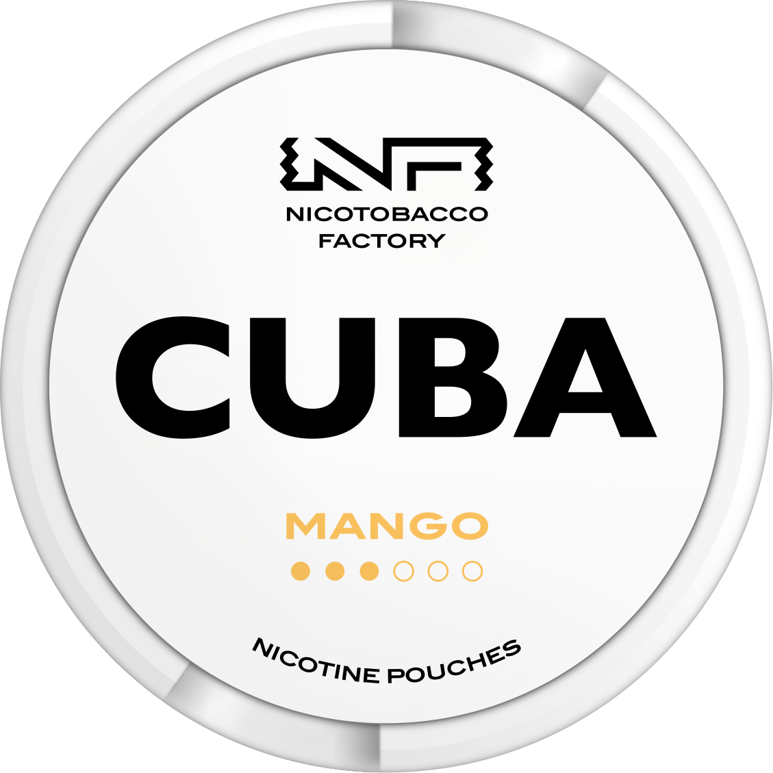 Cuba White Mango tobacco-free nicotine pouches can showing the 10.4mg medium strength rating and slim white design.