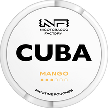Cuba White Mango tobacco-free nicotine pouches can showing the 10.4mg medium strength rating and slim white design.