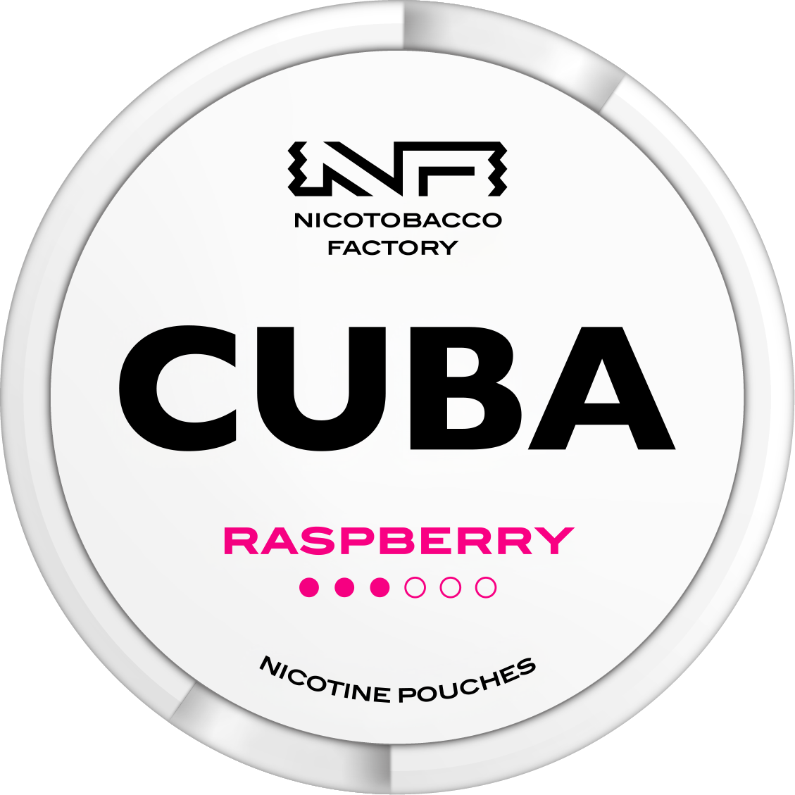 CUBA WHITE Raspberry Nicotine Pouches white can with pink logo and 10.4mg medium strength indicator.