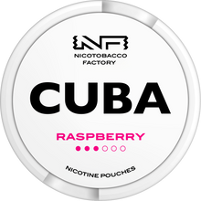 CUBA WHITE Raspberry Nicotine Pouches white can with pink logo and 10.4mg medium strength indicator.