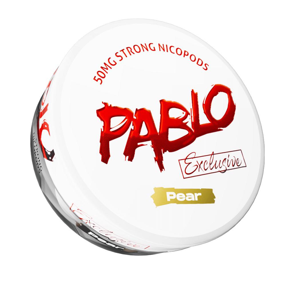 Pablo Exclusive Pear Nicotine Pouches, 50mg Strong Nicopods can with red and gold branding on white background.