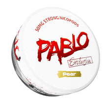 Pablo Exclusive Pear Nicotine Pouches, 50mg Strong Nicopods can with red and gold branding on white background.