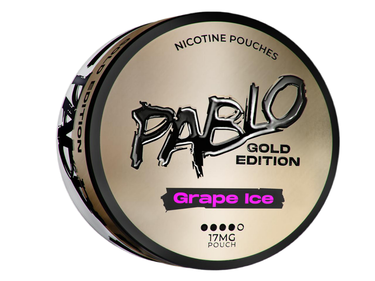 Pablo Gold Edition Grape Ice nicotine pouches can, 17mg tobacco-free slim pouches for Shopify GB.