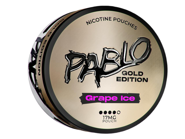Pablo Gold Edition Grape Ice nicotine pouches can, 17mg tobacco-free slim pouches for Shopify GB.