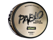 Pablo Gold Edition Kiwi nicotine pouches, 17mg strength canister with gold and black design.