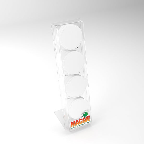 Clear acrylic MAGGIE Nicotine Pouch Product Stand holding four cans in a vertical tower