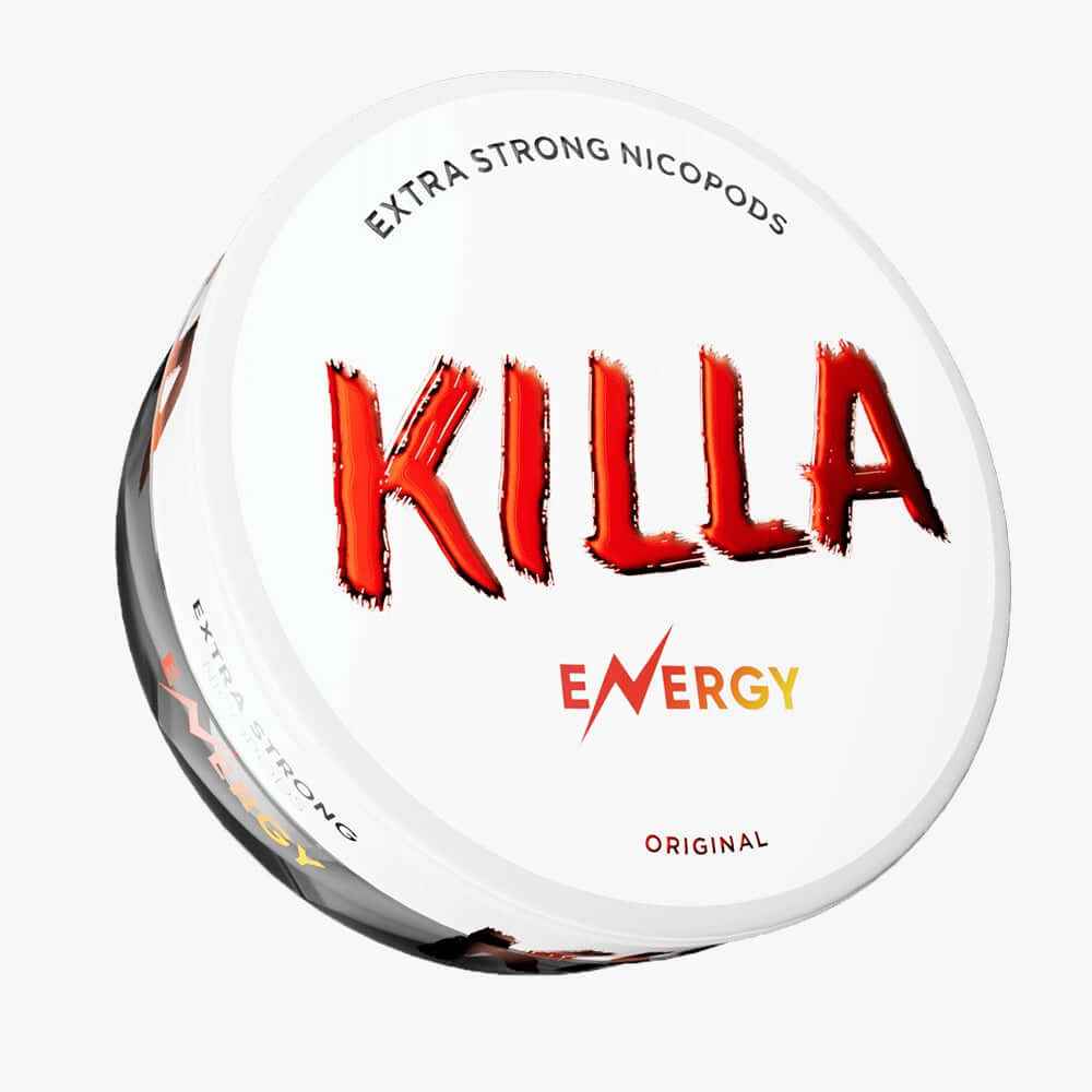 KILLA Energy Extra Strong Nicotine Pouches, white and red slim can, original energy drink flavour.
