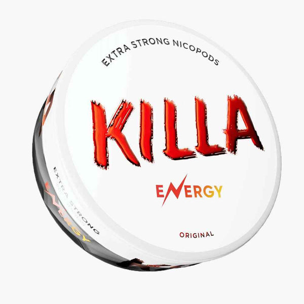 KILLA Energy Extra Strong Nicotine Pouches, white and red slim can, original energy drink flavour.