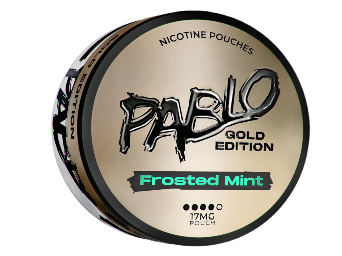 PABLO GOLD Frosted Mint Nicotine Pouch can, 17mg Gold Edition slim pouches with black branding on a gold lid.