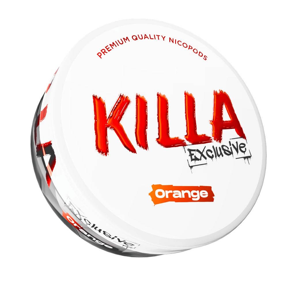 Killa Exclusive Orange Nicotine Pouches can with red and orange branding, 13.2mg strong citrus nicopods.