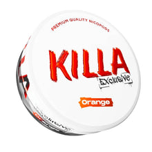 Killa Exclusive Orange Nicotine Pouches can with red and orange branding, 13.2mg strong citrus nicopods.