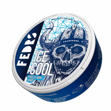 FEDRS Ice Cool Hard Freeze Mint Nicotine Pouches 32.5mg tin with skull and viking helmet design, side view.