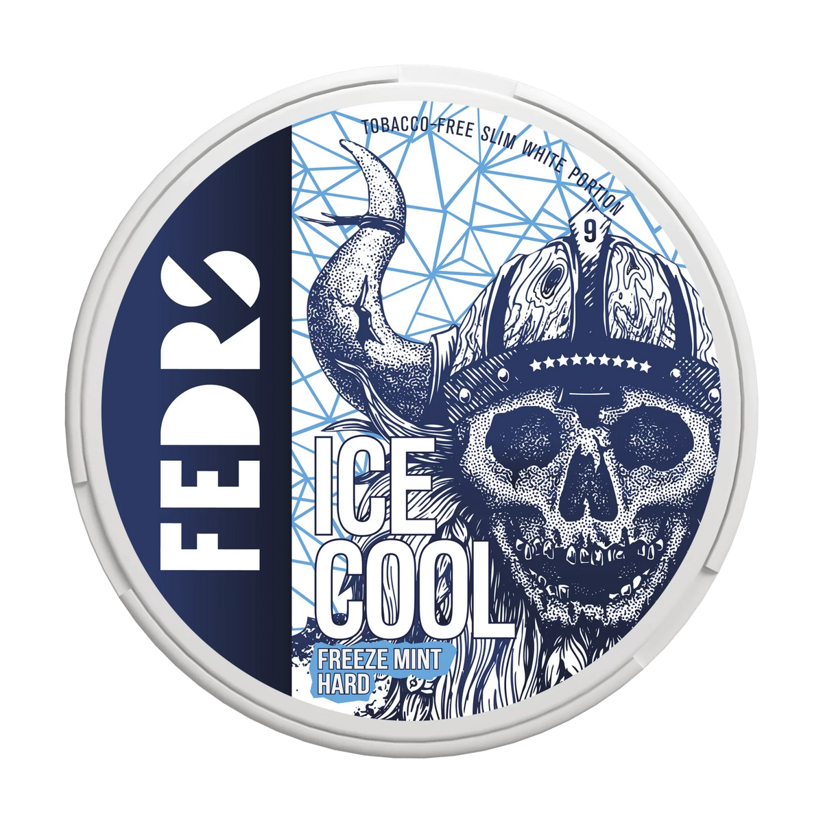 FEDRS Ice Cool Hard Freeze Mint Nicotine Pouches, 32.5mg white portion tin with viking skull design.