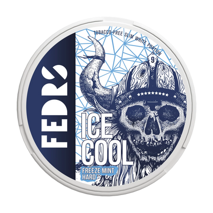 FEDRS Ice Cool Hard Freeze Mint Nicotine Pouches, 32.5mg white portion tin with viking skull design.