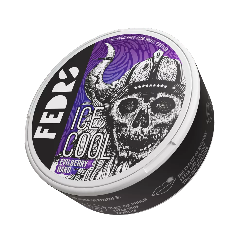 FEDRS Ice Cool Evilberry Nicotine Pouches can with purple viking skull design, extra strong 32.5mg blueberry flavor.