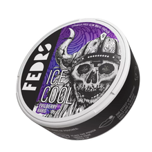 FEDRS Ice Cool Evilberry Nicotine Pouches can with purple viking skull design, extra strong 32.5mg blueberry flavor.