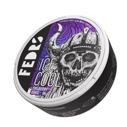 FEDRS Ice Cool Evilberry Nicotine Pouches can with purple viking skull design, extra strong 32.5mg blueberry flavor.