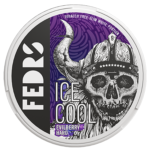 FEDRS Ice Cool Evilberry Hard nicotine pouches can with purple viking skull design, 32.5mg extra strong slim white portions.